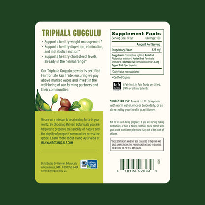 Triphala Guggulu back label showing supplement facts and suggested use
