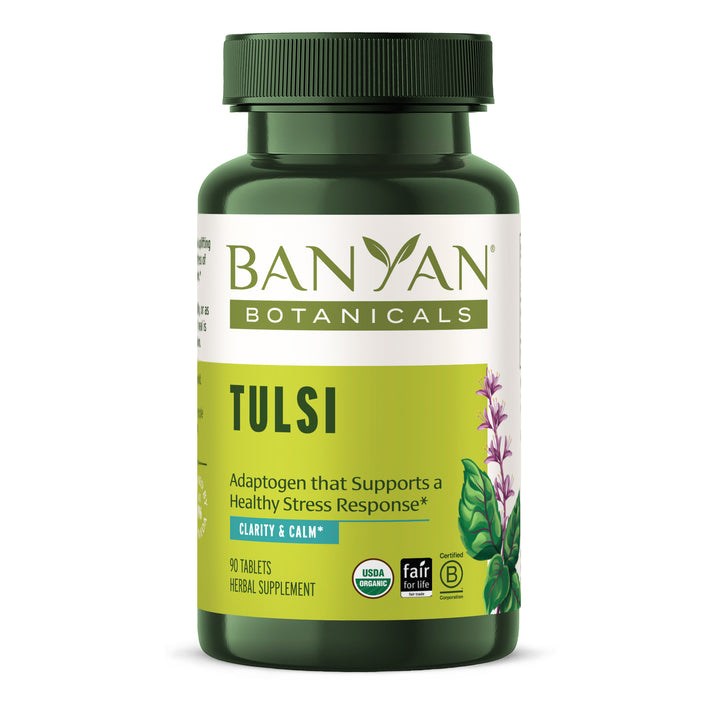 Tulsi tablet bottle on white background