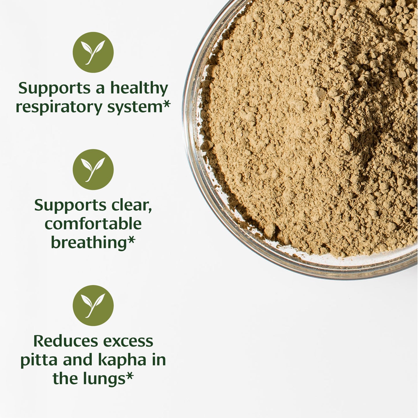 Vasaka powder in a glass bowl with health benefits text on a white background