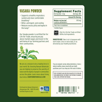 Banyan Botanicals Vasaka Powder  label showing supplement facts and suggested use