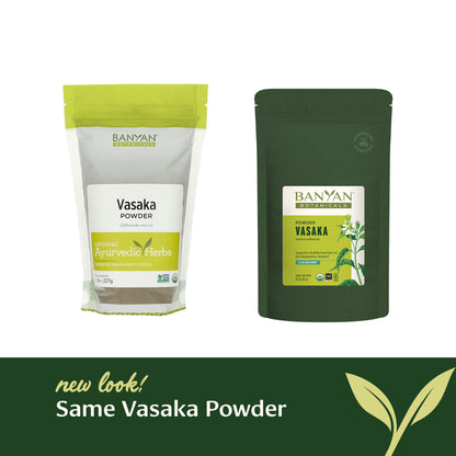 Two packages of Banyan Botanicals Vasaka Powder on a white background